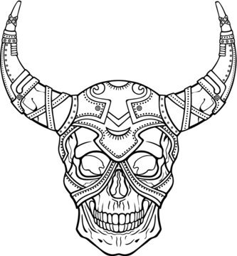 Image of the fantastic character: horned human skull. Demon, soldier, shaman. Boho design. The linear drawing isolated on a white background. Vector illustration, be used for coloring book.