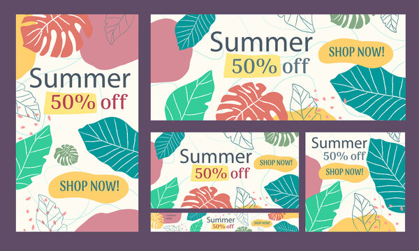 Social media and web banners collection with tropical design. Various resolutions in horizontal, square and vertical backgrounds. Multicolored floral and summer ads design in flat style. Vectorized.