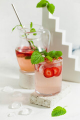 Summer drink refreshing strawberry lemonade with mint