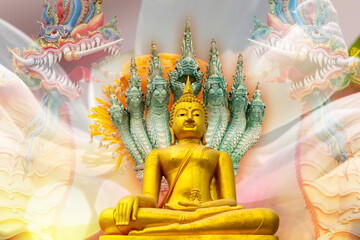 The golden Buddha image has a serpent behind it.