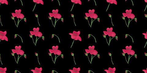Seamless pattern with red poppies flowers  and green buds on black background. Hand-drawn in oil  pastels. Vintage and romantic design for fabric, textile, wrapping paper, dress patterns, decorations