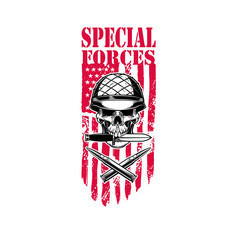 Special forces. Skull in army helmet with crossed bullets on american flag background. Design element for logo, label, sign, emblem. Vector illustration