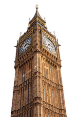 Fototapeta na wymiar Elizabeth Tower or Big Ben in Westminster, London, cut out with a white background.