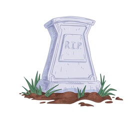 Tombstone with RIP abbreviation. Upright gravestone of stone grave with ground and grass. Headstone with Rest in Peace inscription. Hand-drawn vector illustration isolated on white background