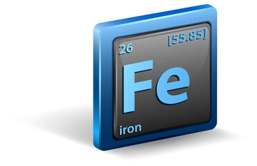 Iron chemical element. Chemical symbol with atomic number and atomic mass.