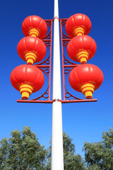 Rows of red lanterns in the background of blue sky, North China