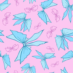 Cute pastel romantic bowknots seamless pattern. Pretty flat bows abstract endless texture for fabric, textile, cosmetics, package, stationery, wrapping paper, background. Cheerful festive doodle desig