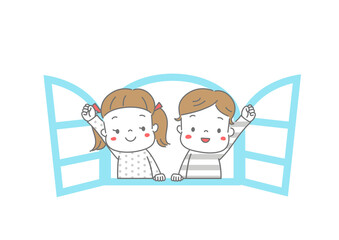 窓から身をのりだしてガッツポーズする男の子と女の子　カラー