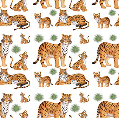 Fototapeta premium Seamless pattern with wild tiger in many poses on white background
