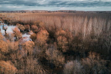 Aerial view of river Tisza (Tisa) oxbow from drone pov
