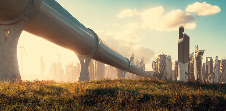 The concept of travelling by hyperloop - a tube leading to a futuristic city illuminated by a beautiful golden evening atmosphere. 3d rendering.