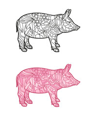Pig on white. Hand drawn abstract animal on isolated background. Abstract ornate character. Different color options