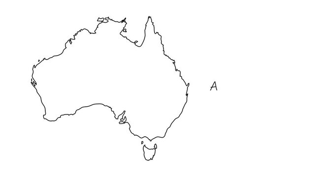 Australia map animation line. Black line animation letters drawing on a white background.