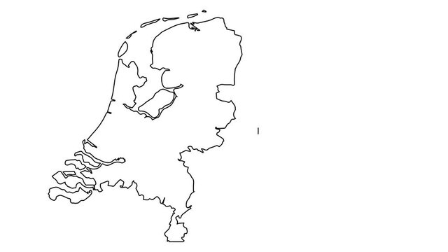Netherlands map animation line. Black line animation letters drawing on a white background.