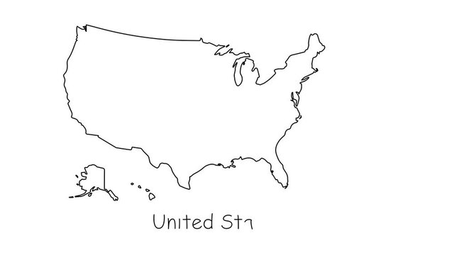 United States of America map animation line. Black line animation letters drawing on a white background.