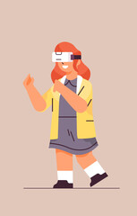 schoolgirl wearing vr headset smiling girl in digital glasses exploring virtual reality interactive services