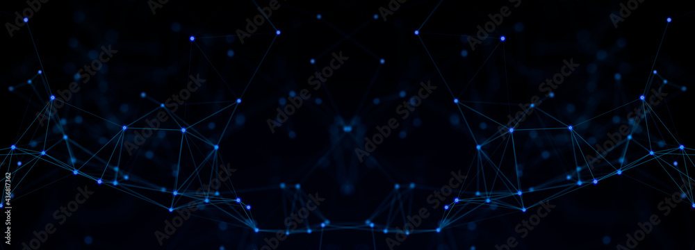 Poster Abstract polygonal space with connecting dots and lines. Dark background. Connection structure. 3d Widescreen