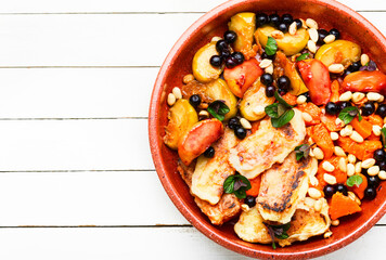 Baked fruits,berries with cheese,copy space