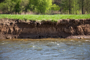 A vertical riverbank with steep wall of dirt suitable for nesting of a common kingfisher, alcedo atthis. Breeding habitat for wild bird near unregulated river. Wide angle nature scenery.