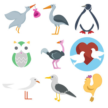 bird vector clip art set with penguin, owl, ostrich, stork, cock and pigeons. bird vector clip art set with penguin, owl, ostrich, stork, cock and pigeons.