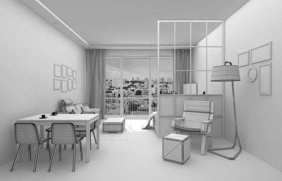 Interior design of a compact apartment grid 3D render