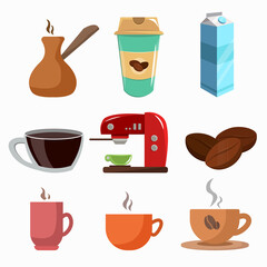 coffee vector clip art set, cup, beans. Coffee to go, coffee maker, turka. milk box.