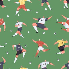 Seamless sports pattern with active football players, kicking soccer balls on grass field. Endless repeatable background with footballers. Colored flat vector illustration of athletes for printing