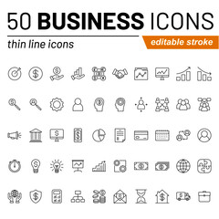 Set of business and money related vector thin line icons isolated on white. Editable stroke.