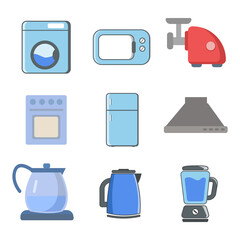 Kitchen electrical equipment vector clip art set with tea kettle, blender, fridge, gas stove, microwave, 