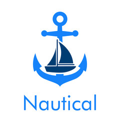 Logotipo con texto Nautical y barco de vela en ancla de barco en color azul