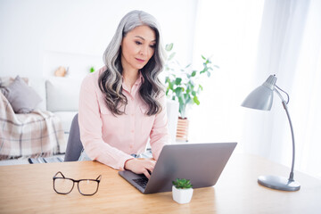 Portrait of attractive focused woman copywriter using laptop writing typing e-mail at home house...