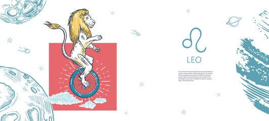 Leo zodiac sign. The lion rides on one wheel. Sun and clouds. © Tutsi_N