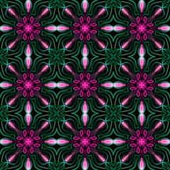 Seamless abstract geometric floral surface pattern in vivid colors with symmetrical form repeating horizontally and vertically. Use for fashion design, home decoration, wallpapers and gift packages.
