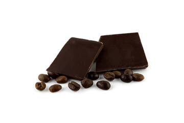 two pieces of dark chocolate and coffee beans