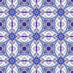 Seamless abstract geometric floral surface pattern in vivid colors with symmetrical form repeating horizontally and vertically. Use for fashion design, home decoration, wallpapers and gift packages.