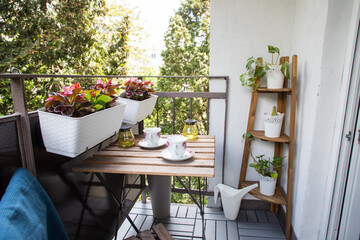 bright small apartment terrace in summer with flowers and coffee table