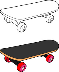 skateboard vector drawing line art and colored