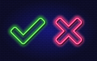 Check mark and Cross neon elements. Accept and Reject. Right and Wrong. Glowing vector retro sign on a dark background for website, mobile app