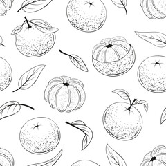 seamless pattern from juicy mandarins. Vector illustration. monochrome. Black and white fruit. Hand drawn, line art.