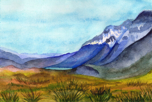 watercolor mountain landscape, background blue mountain, desert and lake