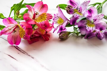 The format of a greeting card for the holiday. Pink and purple alstroemeria flowers on white marble background with place for text