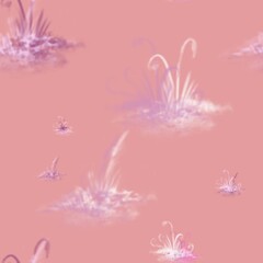 Seamless pattern of abstract purple plants on a pink background for textiles.
