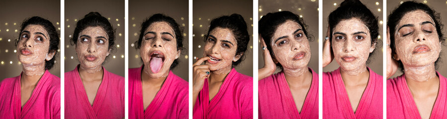 Different expressions of the Indian Beautiful Asian Female in bathrobe with face mask applied on her face smiling in lustful manner - obrazy, fototapety, plakaty