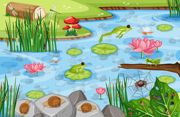 Pond scene with many green frogs