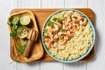Lime shrimps with cilantro and rice, top view
