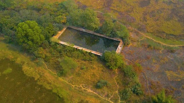 Old swimming pool abandoned and surrounded by nature in India. Drone shot.