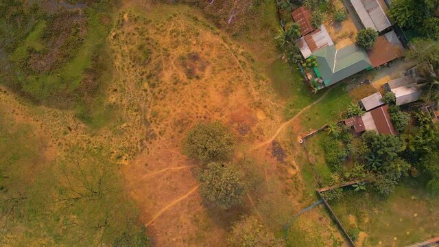 Aerial overhead view of a farming area in the countryside of India
