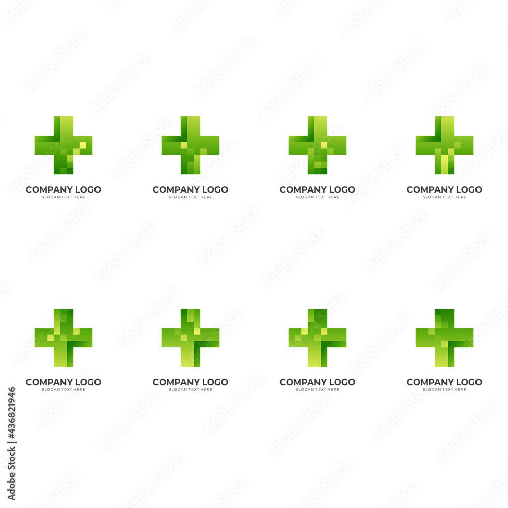 Wall mural set health tech logo, cross and pixel, combination logo with 3d green color style