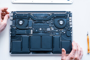 Obraz premium Solutions services electronic hardware. Engineer technician man upgrade and maintenance digital pc. Technology chip equipment repair.