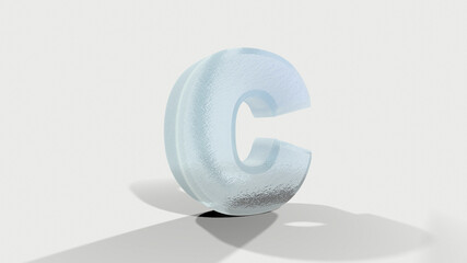Cold letter C on a blue icy white background. 3D illustration.